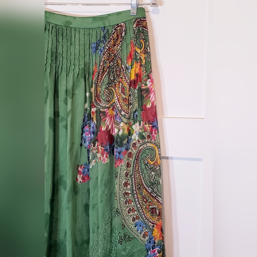 Soft Surroundings Maxi Skirt Pleated Green Floral Paisley Satiny Lined Size PXS - Picture 6 of 10